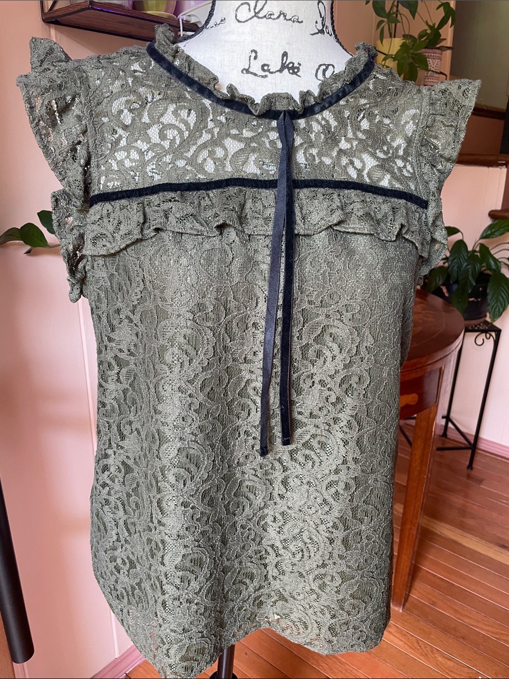 SOHO Olive Green Lace Ruffle Tie-Front Blouse